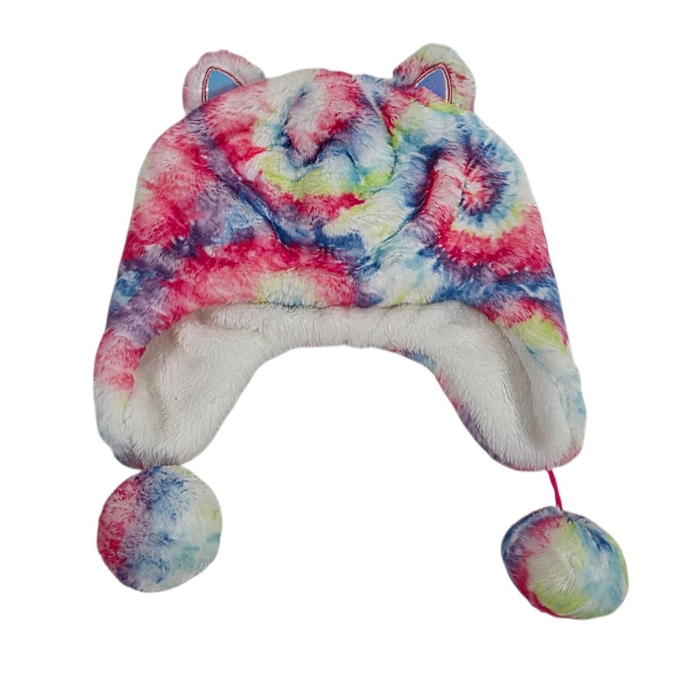 The Children's Place Kids Tie Dye Faux Fur Bear Hat L/XL 8+ Ears Pom Poms